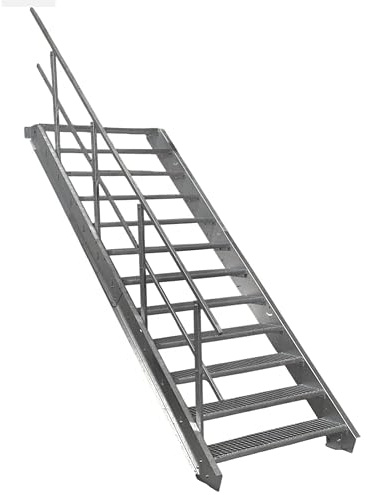 12 Stufen Stahltreppe mit einseitigem Geländer/Breite 70cm Geschosshöhe 180-240cm / Robuste Außentreppe/Wangentreppe/Stabile Industrietreppe für den Außenbereich/Inklusive Zubehör