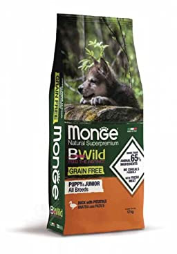 Monge BWILD PUPPY DUCK AND POTATOES, cibo per cani per tutte le razze (cibo per cuccioli, cibo secco con anatra e patate, a basso contenuto di cereali, contenuto: 12 kg)