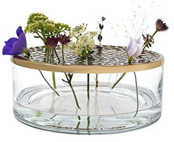 LaLe Living Vase Buket aus Eisen und Glas mit Ornament Gold, Ø 20,5 x 7 cm