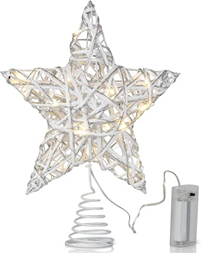 Ornativity Christmas Star Rattan Tree Topper – White and Silver Xmas Holiday Decor Rustic LED Lights Light Up Tree Top Topper Ornament Decoration 12