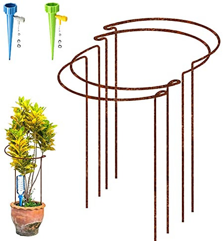 4 Pack Rusty Bow Plant Support Stakes, Half Round Natural Rust Flower Support Ring Cage Frame with 2 Self Watering Spike, Metal Interlinking Garden Border for Peony(Shiny when Received,Rust After Use)