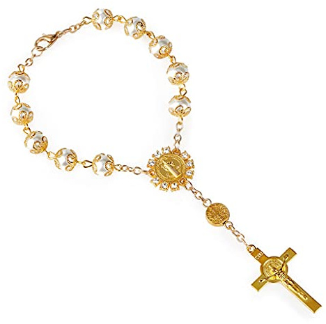 Bingxue Katholisches Geschenk Saint Christopher Reiseschutz 8MM / 0,31 Zoll Perle Rückspiegel Auto LKW Auto Rosenkranz