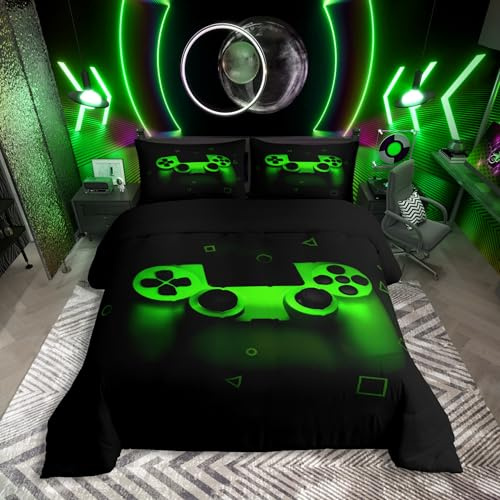 Gamer Bettwäsche Sets für Jungen 135x200,Gaming Bettbezug Kinder Teens Männer Videospiel Zimmer Dekor Reversible Tröster Abdeckung Grün Retro Game Controller Weicher Luxus 2 Stücke