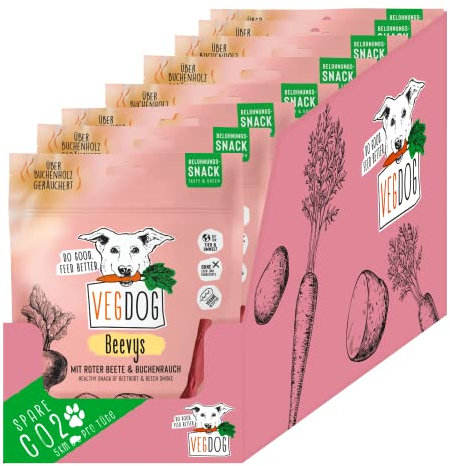VEGDOG Beevys hypoallergener Snack für Hunde (9 x 80 g) | leckeres Aroma mit Buchenholz Rauch |Belohnungssnack für Allergiker mit Roter Beete und Reis