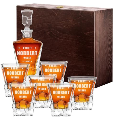 Maverton 950 ml Whiskey Karaffe + 6er Whiskygläser Set mit Gravur - Whisky Dekanter - luxuriöses Design - Kristallglas - für Männer zum Geburtstag - Prost