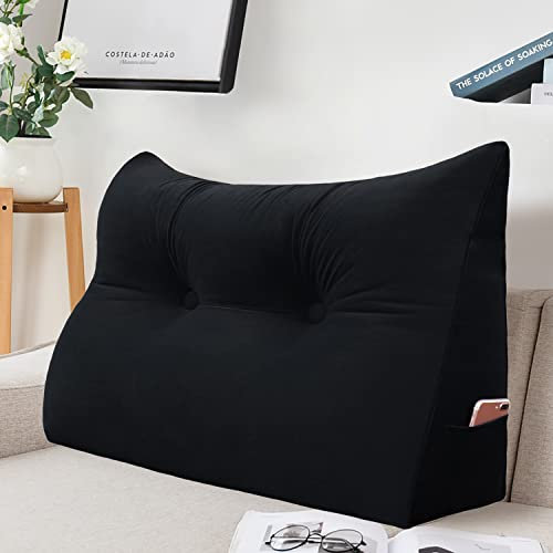 Johnear Rückenkissen Bett Keilkissen Sofa Rückenlehne Lesekissen, Lehnenkissen Dreieckige Kopfkissen Lendenkissen mit abnehmbarem Samt Bezug （Schwarz, 60cm