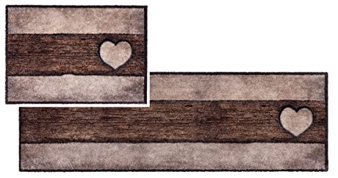 Astra Flauschige Sauberlaufmatte weich - Pure & Soft - Holz Herz 2er Set 50x70 & 50x150 cm - Waschbarer Küchenteppich innen - Türmatte strapazierfähig