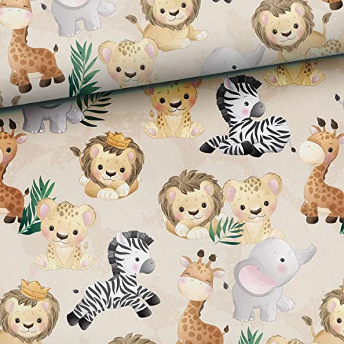 50x150cm Kinderstoffe zum Nähen aus 100% Baumwolle - Jungen Premium Baumwollstoff mit Tiere - keine Meterware - Kinder Stoffe für Baby & Neugeborene - Wildtiere Löwe als König