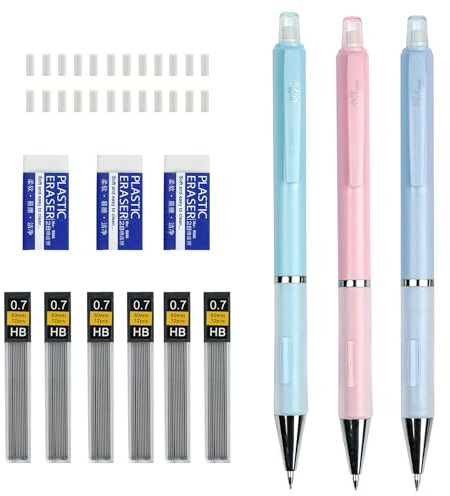 AUAUY 3 Stück Druckbleistift Set, Kunststoff Druckbleistifte 0,7 mm, Mechanische Bleistifte mit 6 Box Bleistiftminen und 3 Radiergummis, Bürozubehör für Kinder Schule Schreiben Zeichnen, Skizzieren