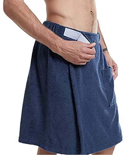 Jamron Mens Adjustable Bath Towel Wrap - Wearable Towel Skirt with Pocket for Gym Shower Sauna Spa & Beach Cover Ups Navy Blue M