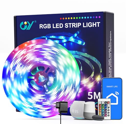 GY - Cinta LED de 5 m con mando a distancia, WiFi, conectada a Alexa y Google Home, control de vida inteligente, RGB multicolor, sincronización musical, decoración para juegos y fiestas