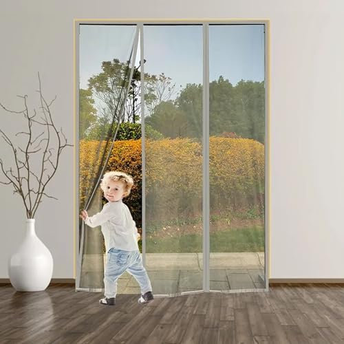 Magnet Fliegengitter Balkontür, Doppeltür Fliegenvorhang Tür 235x240cm, Magnetvorhang Insektenschutz, Fliegenschutz Terrassentür Vorhang, Fliegengittertüren (grau)