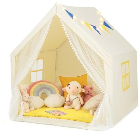GOPLUS Kinder Spielzelt, Kinderzelt mit Matte, Sternlichtern, Fenster & Gazevorhang, Indoor Spielhaus für 2 Kinder, Kinderspielhaus für Kinderzimmer & Spielzimmer, 122 ×105 ×125 cm (Beige)