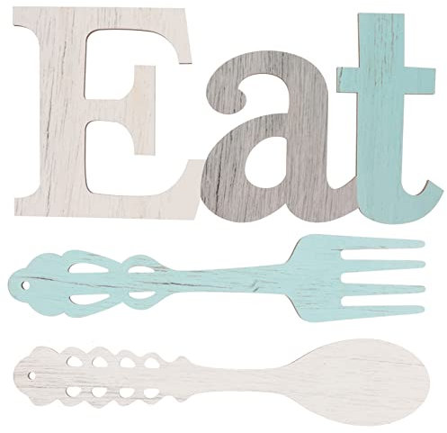 PRETYZOOM 3pcs Wooden Letter Tableware Spoon and Fork Kitchen Decor Rustic Eat Sign for Kitchen Wall Decorations Home Theme Decor