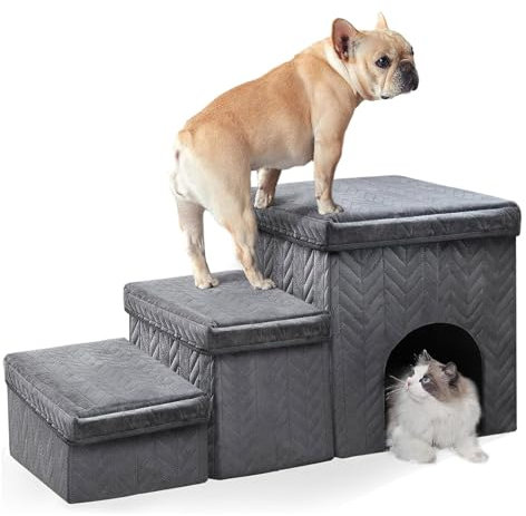 YPDOPORA Hundetreppe Für Kleine Hunde Und Katzen, Hundetreppe Mit Stauraum Und Eigentumswohnung, 3-Stufige Faltbare Haustiertreppe Für Hohe Betten, Sofatreppen