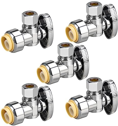 5pcs Stop Valves, 1/2 × 3/8 Angle Stop Valve, 1/2 PTC Input, 3/8 OD Compression Output, Push to Connect, 1/4 Turn, Chrome Plated Brass for Faucet, Toilet Valves, No Lead