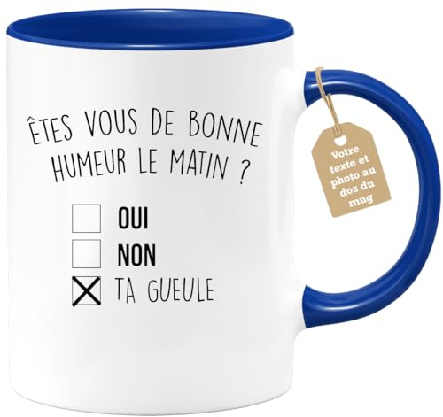 quotedazur Café-Croissant - Mug Personnalisable Texte Photo Humour Êtes-Vous De Bonne Humeur Le Matin Oui Non - Cadeau Noël Original Drôle Anniversaire Tasse Collègue Homme Femme - Bleu/Céramique