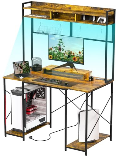 TRIUMPHKEY Scrivania da Gaming con Luci LED,120x60x162cm Tavolo da Gioco con Prese di Corrente e 2 Prese di Ricarica USB, Tavolo per Computer con Supporto per Casa(Marrone)