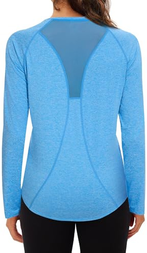 Wayleb T-Shirt Sportiva da Donna Scollo a V Manica Lunghe Maglietta Sportiva Corsa Asciugatura Rapida Maglia Sport Top Fitness Palestra Yoga Longsleeve Magliette, Azzurro Cielo M