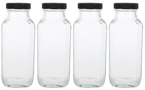 CLISPEED 4piezas Botellas De Vidrio Cuadradas Para Jugos y Bebidas Recipientes Transparentes Tapas Reutilizables Para Batidos Leche y Agua Para Hogar y Llevar