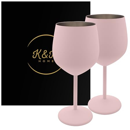 K&K Home Copas de vino rosa irrompibles de acero inoxidable rosa, 18 onzas, juego de 2 copas de vino de metal de colores, perfectas para exteriores, bodas y fiestas