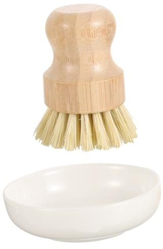 TOPBATHY Kitchen Cleaning Brush Set with Bamboo and Sisal Palm Bristle Scrubbers, Ceramic Draining Dish Holder Base, Multi-use Pot and Dish Scrubbing Brushes for Sink and Cookware Cleaning
