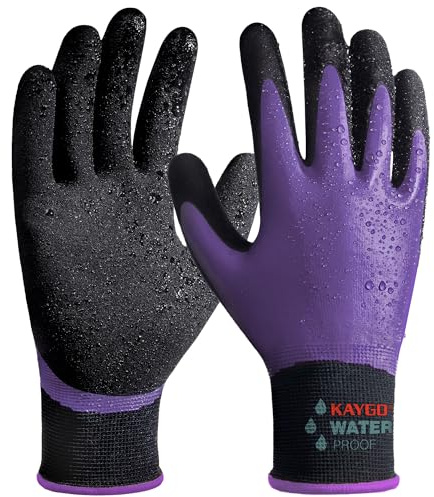 KAYGO guantes de trabajo impermeables para hombres y mujeres, recubrimiento de látex doble, súper agarre antideslizante, para jardinería, lavado de coches, pesca (Morado, XS, talla 6, 1 par)
