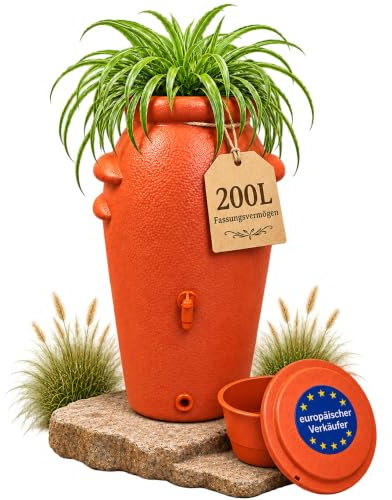 Ondis24 Regenspeicher Regentonne Regenwassertonne Wasserbehälter Wasserspeicher Amphore Terracotta aus Kunststoff mit 2 Entnahmestellen (200 Liter)