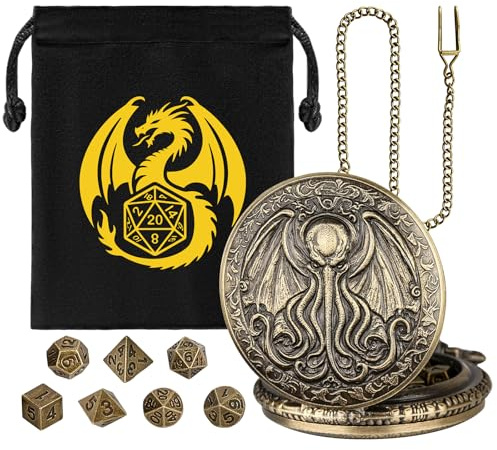 Mini Set di Dadi DND, con Steampunk Polpo con Ali Custodia per Orologio da Tasca, 7 Pezzi in Metallo Poliedrico Dadi D&D, Sacchetto Regalo DND con Logo Drago, Accessori per Giochi di Ruolo, Bronzo
