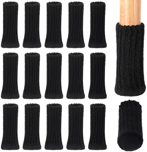 JJUNW 16 Stück Gestrickte Stuhlsocken, Antirutsch Stuhlbeinsocke Elastisch Möbelfüße Stuhlbeinschoner Dicke Unterseite Stuhlbeinkappen für Tisch Bodenschutz Vermeiden Sie Kratzer Geräusche (Schwarz)