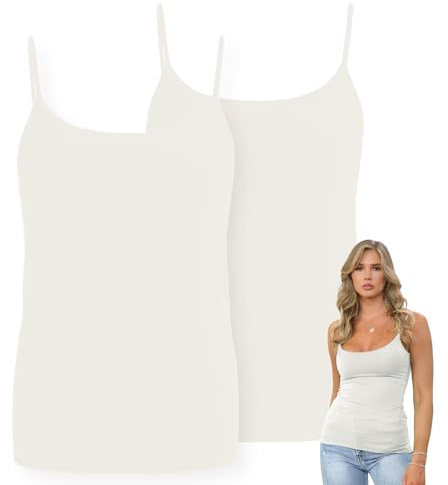 janisramone® Dam Cami Strappy Bodycon Linne, förpackning med 2 Ärmlösa Scoop Neck Väst Toppar Kvinnor UK, Stretchig, Slim Fit Gym Wear, Plain Casual Sommar Damer Camisoles, Grädde, 38/40 SE