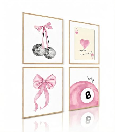 dzxnouart Set di 4 stampe artistiche da parete rosa coquette trendy preppy, poster decorativi con fiocchi e ciliegie, simpatico regalo universitario per camera da letto e dormitorio delle ragazze