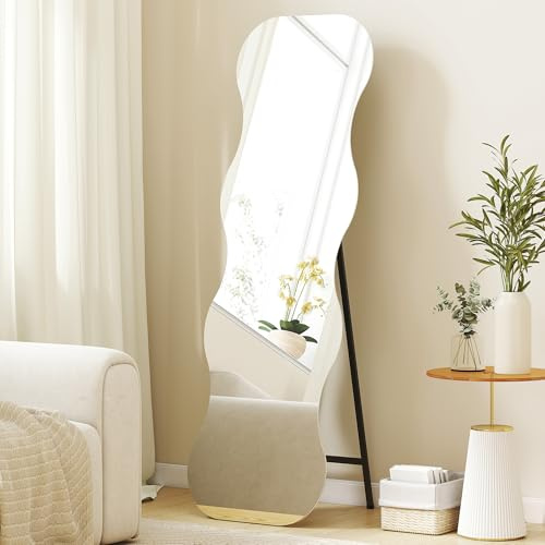 HOMCOM Ganzkörperspiegel 160 x 50 cm unregelmäßig gewellter rahmenloser Standspiegel mit Holzsockel, zum Anlehnen, Stehen, Spiegel für Wohnzimmer, Schlafzimmer, Flur, Schwarz