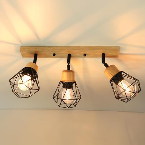 TOKIUS 3-flammig Deckenleuchte Vintage Industrial Deckenstrahler LED Deckenlampe E27 Lampe aus Eisen und Holz Schwarz Verstellbare Wandleuchte Deckenspots für Küche Wohnzimmer Schlafzimmer (Balken)