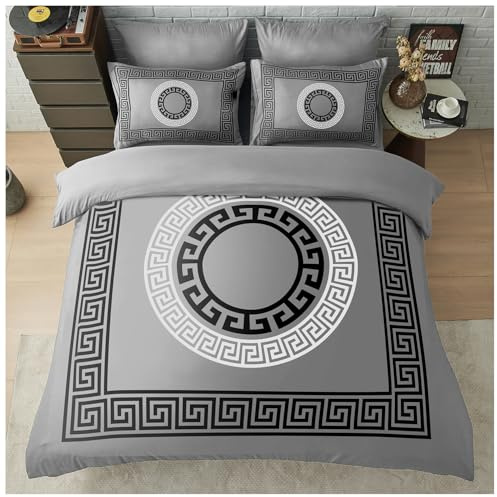 GC GAVENO CAVAILIA Greek Double Duvet Set - Easy Care Microfiber Quilt Cover with Pillowcases - Lightweight & Durable Duvet Comforter - Geometric Style Bedding Set, Grey