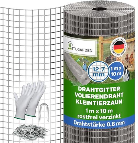 TTL GARDEN 1 x 10 m rete metallica zincata a maglia fine antiruggine 12,7 mm, maglia 0,80 mm, spessore filo – su rotolo di rete metallica per voliera, rete per topi ad arvicole, 10 m x 1 m di