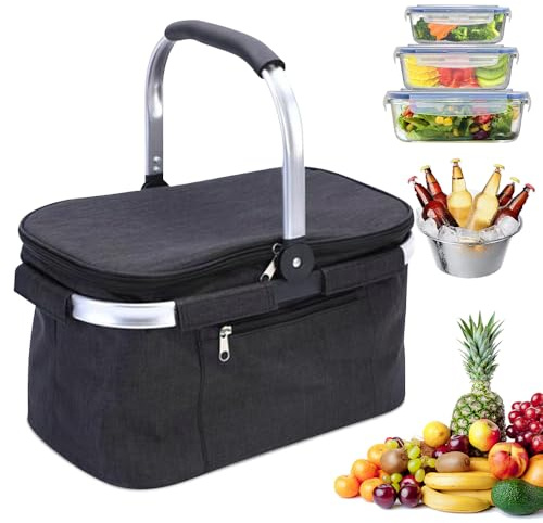 32L Einkaufskorb Kühltasche, Kühlkorb Faltbar, Picknickkorb Groß, Leicht klappbar & kompakt, Mit Griff Lunchtasche Thermo Tasche für Büro Camping Picknick Reisen Einkaufen (Schwarz)