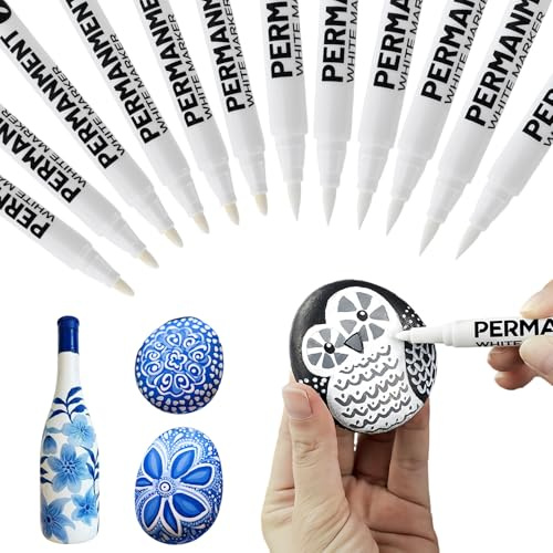 Hontaog 12 White Acrylic Paint Pens, Waterproof White Tire Markers, Permanent Markers, 6 Hardtip + 6 Softtip Tire Markers, Graffiti Paint Pens for Fabric Metal Glass Rock Painting Wood Canvas Ceramic
