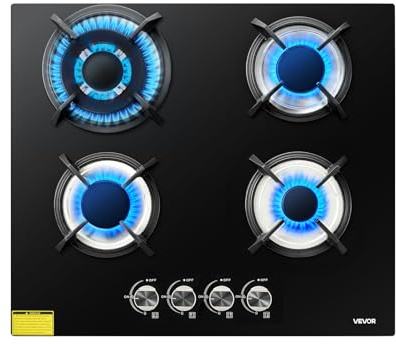 VEVOR Plaque de Cuisson à Gaz 4 Feux 7,8 kW Max, Table de Cuisson Encastrable 60 cm, Sécurité Thermocouple, Gaz de Ville et Bouteille, Grilles en Fonte et Verre Trempé, Brûleur à 2 Couronnes Scellé