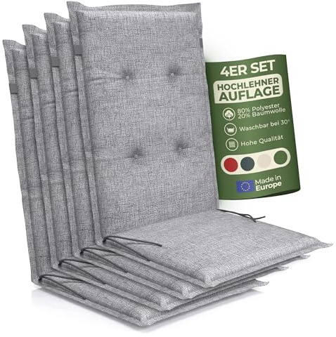Petsation Florence Hochlehner Auflage – Gartenstuhlauflage Hochlehner mit Schaumstoff Polster, Outdoor Kissen & Stuhlkissen für Gartenstuhl, Sitzkissen Stuhl & Sitzkissen Bank, Outdoor (4, hellgrau)