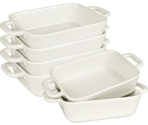 6 Pack Small Ceramic Baking Dishes, 450ml Individual Lasagna Pans with Handles, Rectangular White Oven Dishes for Casserole Gratin Desserts, Microwave Safe