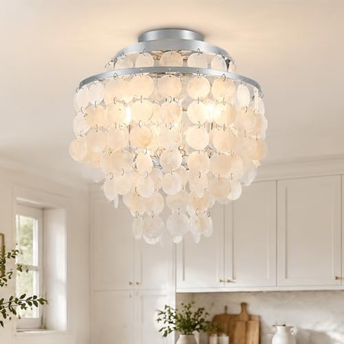 Saint Mossi Capiz Muschel Deckenleuchte, moderner Kronleuchter, perfekt für Wohnzimmer, Schlafzimmer, Esszimmer, D33 cm x H38 cm, 3-flammig, Chrom Finish