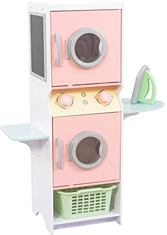 KidKraft Laundry Playset Children's Pretend Wooden Stacking Washer and Dryer Toy with Iron and Basket, Pastel, Gift for Ages 3+