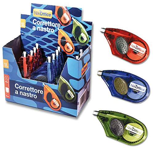 12 CORRETTORI A NASTRO 12 MT X 5 MM IN COLORI DI FUSTO ASSORTITI NIKOFFICE