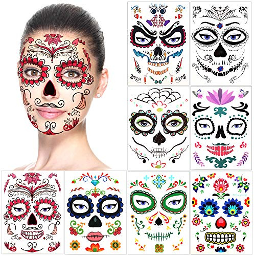 HOWAF 8 Blätter Halloween Tattoo Gesicht Tag der Toten Totenkopf Skelett temporäre Gesicht Tattoo Aufkleber für Herren Damen Halloween Make up Deko Dia De Los Muertos Kostüm