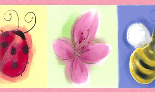 Dundee Deco BD6057 Tapeten Bordüre für Kinder, Violett, Orange, Pink, gelbe Käfer, Blumen, Tapetenbordüre Retro-Design, 4,57 m x 11,43 cm