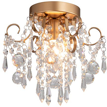 Q&S Mini Chandelier Crystal Ceiling Light,Small Flush Mount Gold Light Fixture for Entryway Bedroom Barthroom Hallway Closet E26