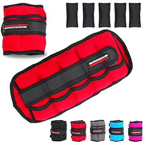 TrainHard 1 kg - 2.5 kg Verstellbare Gewichtsmanschetten mit 5 trennbare Gewichtstaschen für Hand- und Fußgelenke 2er Set - in 4 Varianten Gewichts and 5 Farben Laufgewichte (2.5 KG - Rot)