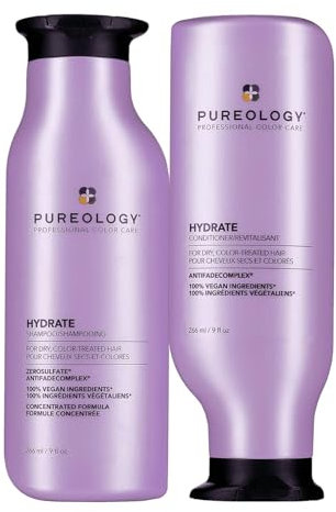 Pureology Hydrate Moisturising Shampoo and Conditioner Duo Set, For Medium to Thick Dry, Colour Treated Hair, Vegan Formulas, Sulphate Free for a Gentle Cleanse 266ml