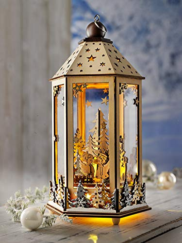 LED-Laterne Engelszene mit Spieluhr | Eindrucksvolle 32 cm hoch | mechanische Spieluhr mit der Melodie von Stille Nacht | aus Holz | Podest im Inneren mit Drehfunktion